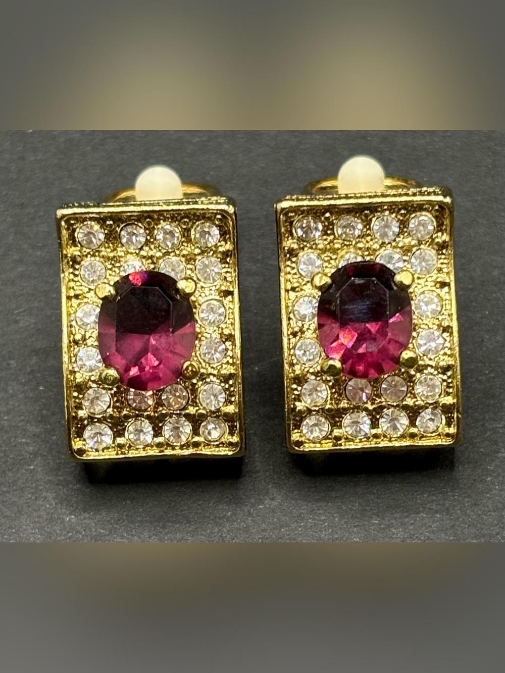 Vintage Park Lane Purple Manganese Glass Rhinestone Rectangular Clip Earrings